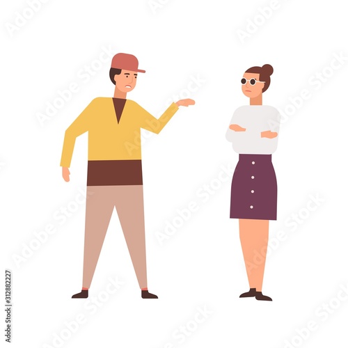 Arguing couple flat vector illustration. Family conflict, quarrel, negative emotions concept. Misunderstanding, relation problems. Offending boyfriend and girlfriend cartoon characters.