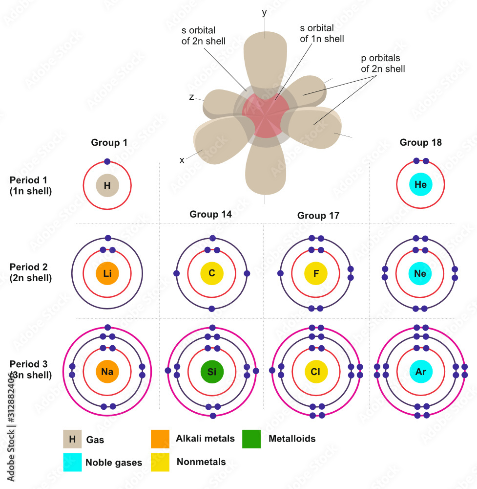 Atomic model. Electron shells and orbitals. Stock Vector Adobe Stock