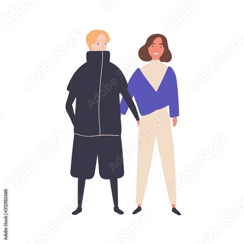 Young couple flat vector illustration. Happy teenagers, young girl and boy. M...
