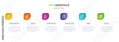 Concept of arrow business model with 6 successive steps. Six colorful graphic elements. Timeline design for brochure, presentation. Infographic design layout