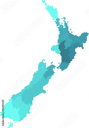 Blue hexagon New Zealand map on white background. Vector illustration.