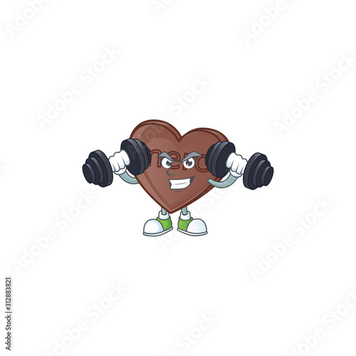 Fitness exercise one bite love chocolate mascot icon with barbells