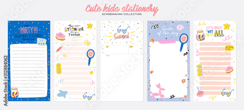 Collection of weekly or daily planner, note paper, to do list, stickers templates decorated by cute kids illustrations and inspirational quote. School scheduler and organizer. Flat vector