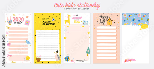 Collection of weekly or daily planner, note paper, to do list, stickers templates decorated by cute kids illustrations and inspirational quote. School scheduler and organizer. Flat vector