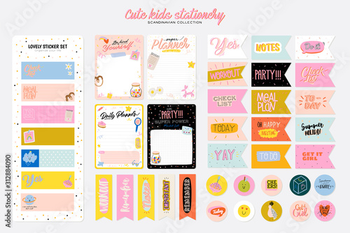 Collection of weekly or daily planner, note paper, to do list, stickers templates decorated by cute kids illustrations and inspirational quote. School scheduler and organizer. Flat vector
