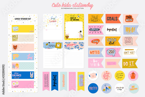 Collection of weekly or daily planner, note paper, to do list, stickers templates decorated by cute kids illustrations and inspirational quote. School scheduler and organizer. Flat vector