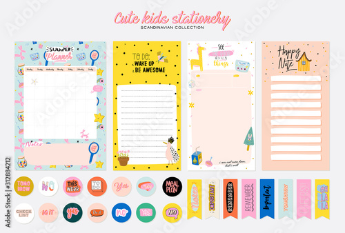 Collection of weekly or daily planner, note paper, to do list, stickers templates decorated by cute kids illustrations and inspirational quote. School scheduler and organizer. Flat vector