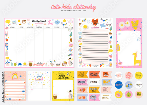 Collection of weekly or daily planner, note paper, to do list, stickers templates decorated by cute kids illustrations and inspirational quote. School scheduler and organizer. Flat vector