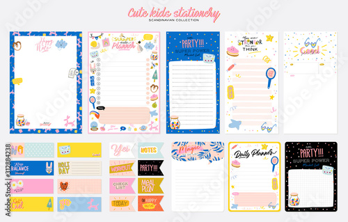 Collection of weekly or daily planner, note paper, to do list, stickers templates decorated by cute kids illustrations and inspirational quote. School scheduler and organizer. Flat vector