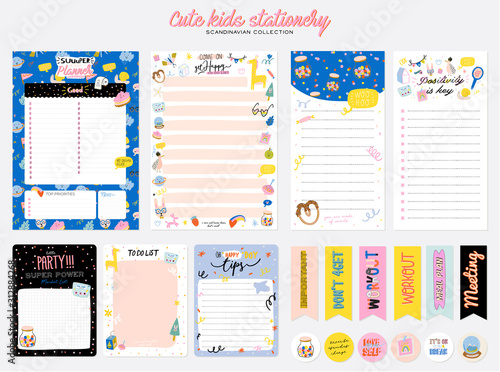 Collection of weekly or daily planner, note paper, to do list, stickers templates decorated by cute kids illustrations and inspirational quote. School scheduler and organizer. Flat vector