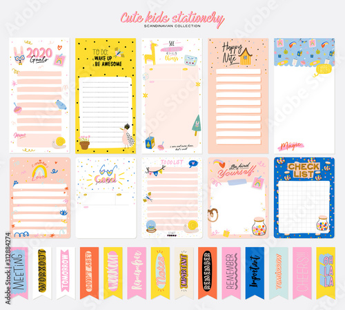 Collection of weekly or daily planner, note paper, to do list, stickers templates decorated by cute kids illustrations and inspirational quote. School scheduler and organizer. Flat vector