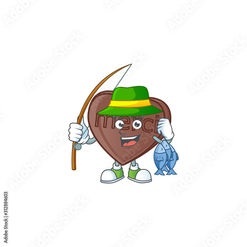 Cheerful face Fishing one bite love chocolate mascot design