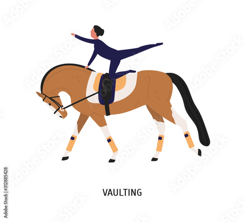 Vaulting, horse riding tricks flat vector illustration