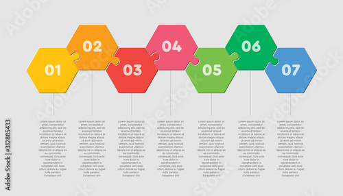 Seven puzzle jigsaw hexagon line info graphic.
