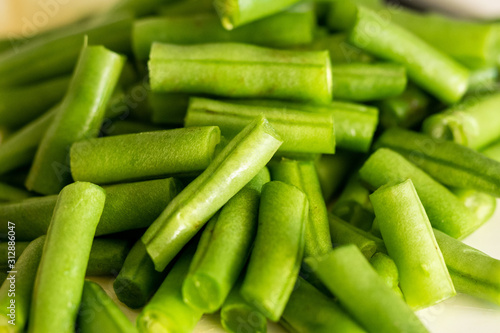 Chopped green long beans close up with selective focus on 2nd January 2020