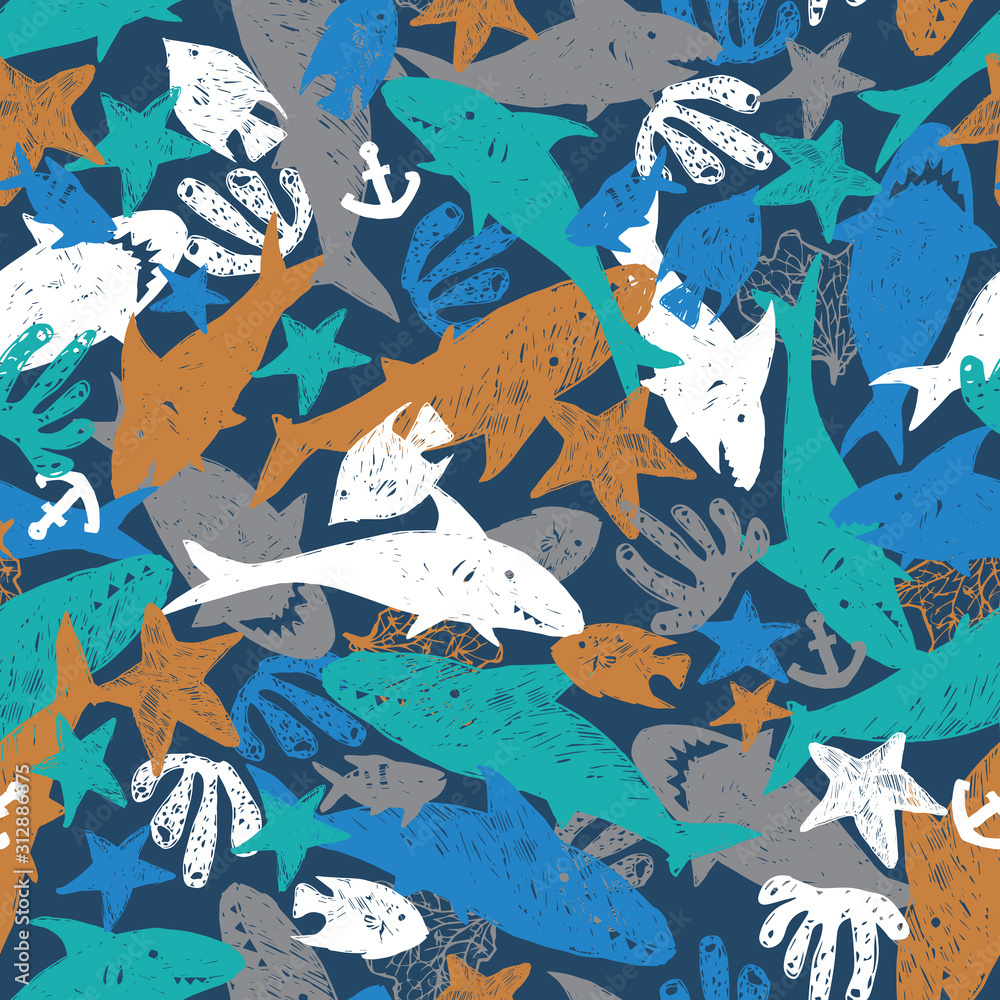 Obraz premium Vector dark blue colourful shark pen sketch chaotic arrangement repeat pattern. Perfect for fabric, scrapbooking and wallpaper projects.
