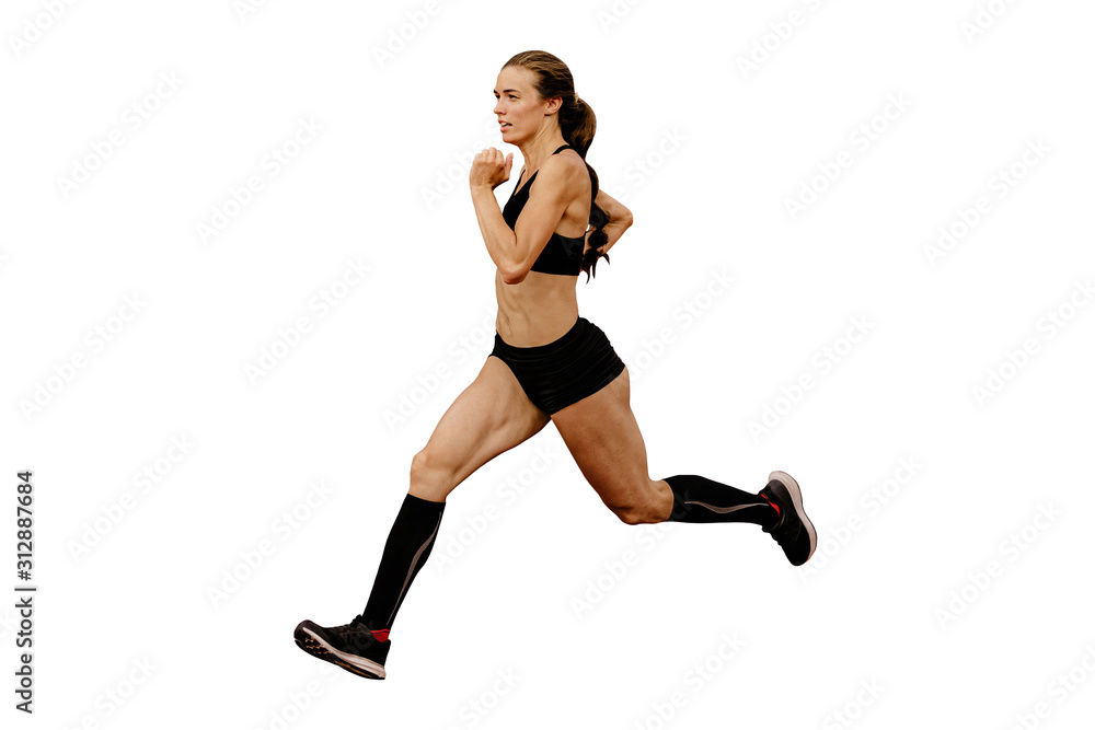young female athlete in compression socks running isolated on white background