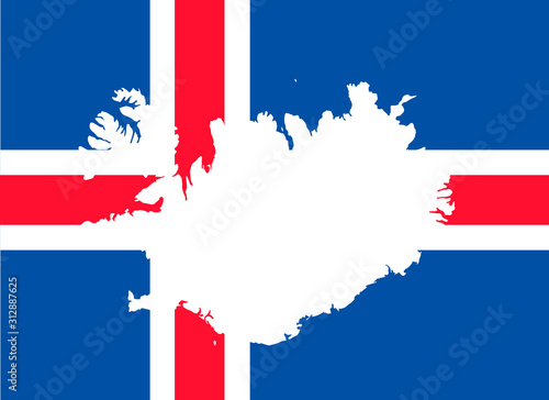 Iceland outline map with national flag background. Flat minimal design. Vector stock illustration