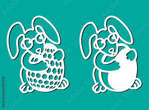 Happy Easter eggs with rabbit, spectacles and flowers. Set of laser cutting template. Vector silhouette elements. Sample illustration for cut isolated on green spring background.
