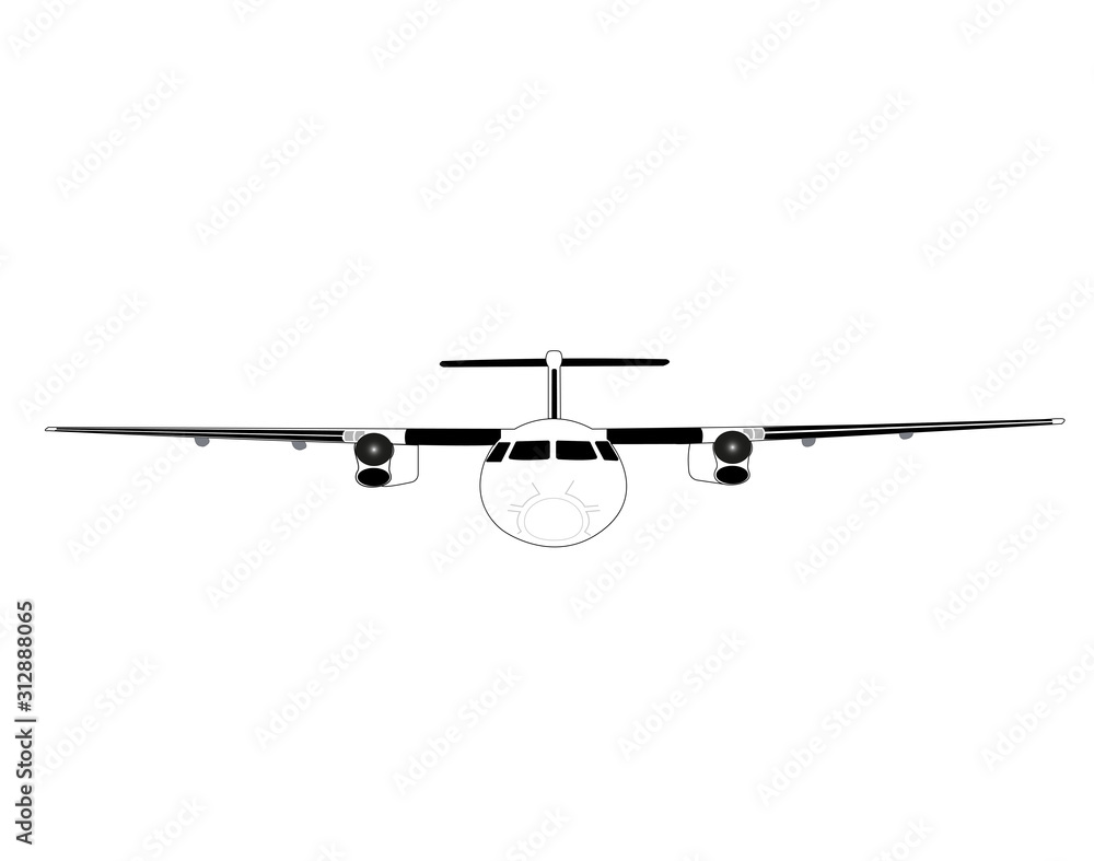 Passenger two propeller aircraft. Airplane on a white background, in black and white coloring. Vector illustration. Passenger two propeller aircraft. Airplane on a white background, in black and white coloring. Vector illustration.