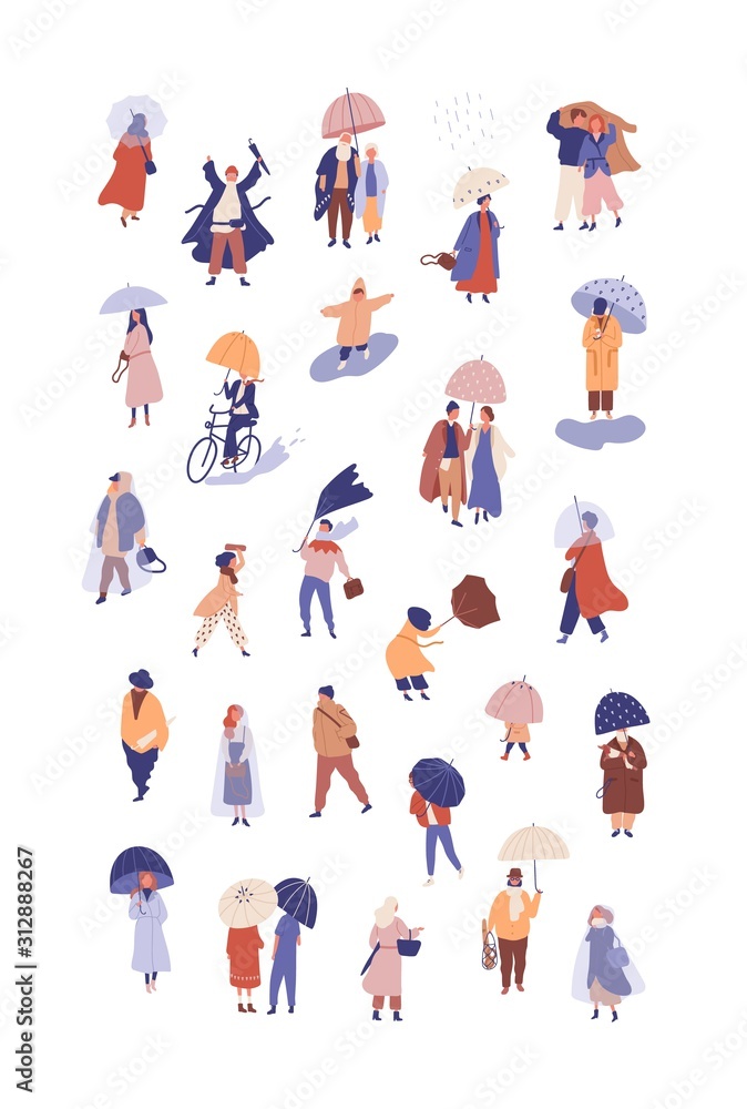 People with umbrellas flat vector illustrations set. Autumn season, rainy weather. Man and women wearing raincoats cartoon characters. Society, urban population isolated on white background.