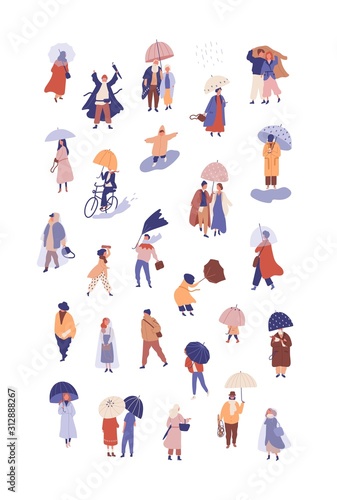 People with umbrellas flat vector illustrations set. Autumn season, rainy weather. Man and women wearing raincoats cartoon characters. Society, urban population isolated on white background.