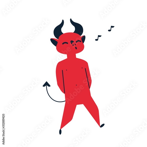 Devil whistling tune flat vector illustration. Carefree life, leisure and recreation, rest and entertainment concept. Red mythical creature, walking demon humming song on white background.