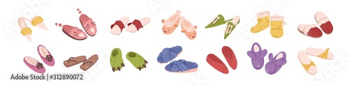 Slippers collection flat vector illustration. Mens and womens footwear. Home coziness, relaxation, foot rest. Comfortable footgear, domestic shoes pairs isolated on white background.