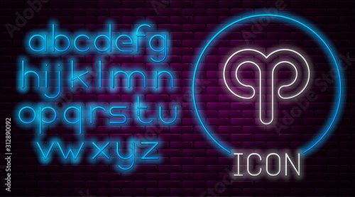 Glowing neon line Aries zodiac sign icon isolated on brick wall background. Astrological horoscope collection. Neon light alphabet. Vector Illustration