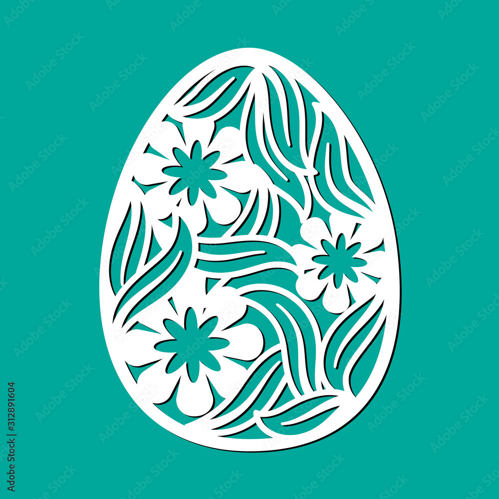 Openwork oval with a lace ornament. Laser cutting template. Happy Easter egg with floral pattern, flowers, leaves. Vector silhouette of element. Illustration for cut. Isolated on green background.