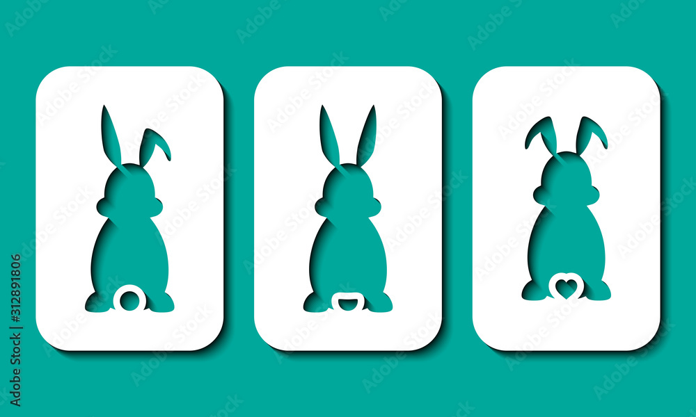 Laser cut template. Set of stencils Easter rabbits with ears and tail. For  Happy Easter hunt.