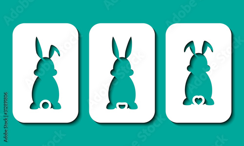 Laser cut template. Set of stencils Easter rabbits with ears and tail. For Happy Easter hunt. Vector silhouette of back of fun bunny. Sample illustration isolated on green background. Die cut design.
