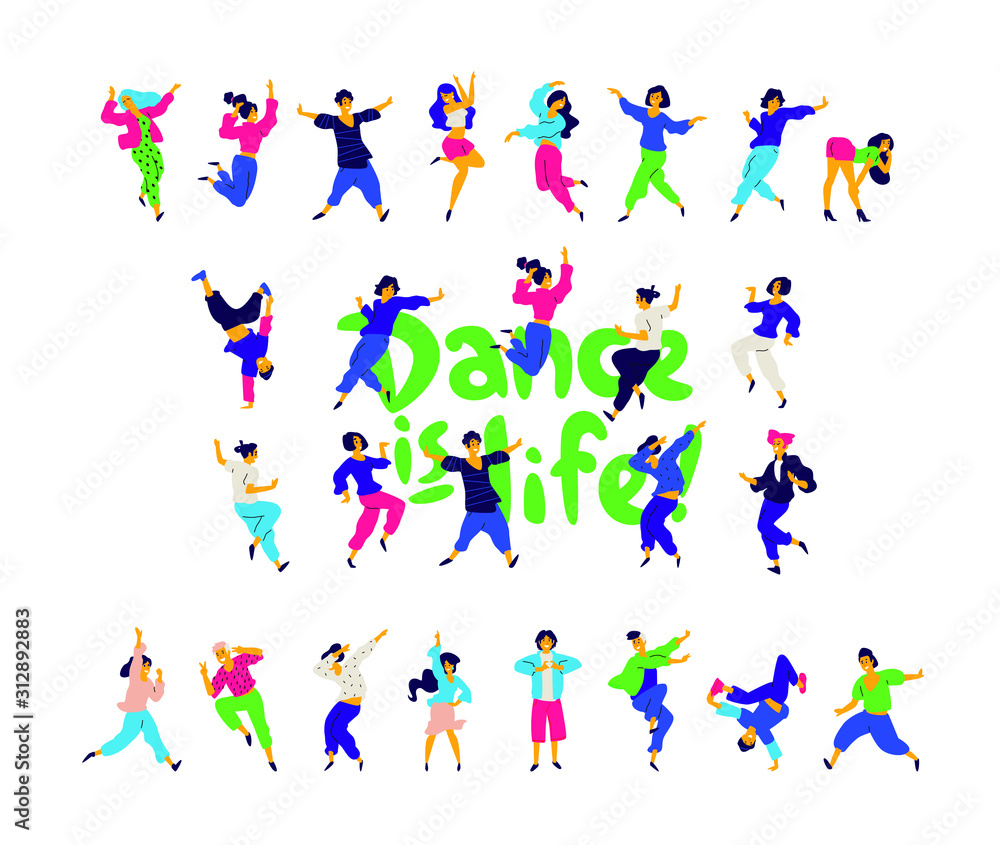 A group of dancing people around the inscription Dance is life. Vector. Illustrations of men and women. Flat style. A group of happy teenagers are dancing and having fun. Studio or dance school. A group of dancing people around the inscription Dance is life. Vector. Illustrations of men and women. Flat style. A group of happy teenagers are dancing and having fun. Studio or dance school.