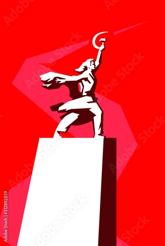 Illustration of the monument Worker and Collective Farm Girl. Vector. Monument, a symbol of the achievements of the Soviet people. Sickle and hammer in the hands. One of the symbols of Moscow. 
