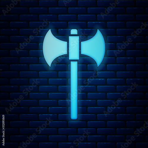 Glowing neon Medieval axe icon isolated on brick wall background. Battle axe, executioner axe. Vector Illustration