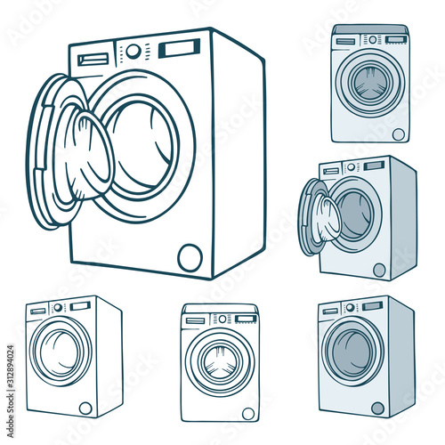 Washing machine. Hand drawn washing machines illustrations set. Washing machines sketch drawing collection. Part of set.