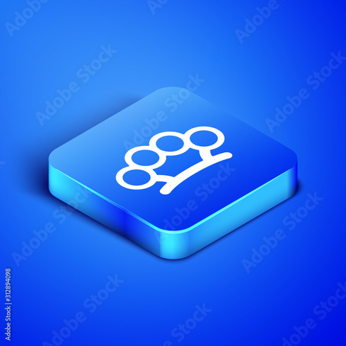 Isometric Brass knuckles icon isolated on blue background. Blue square button. Vector Illustration