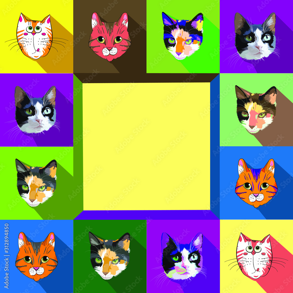 Print with feline faces on colored squares. Cats in square windows.