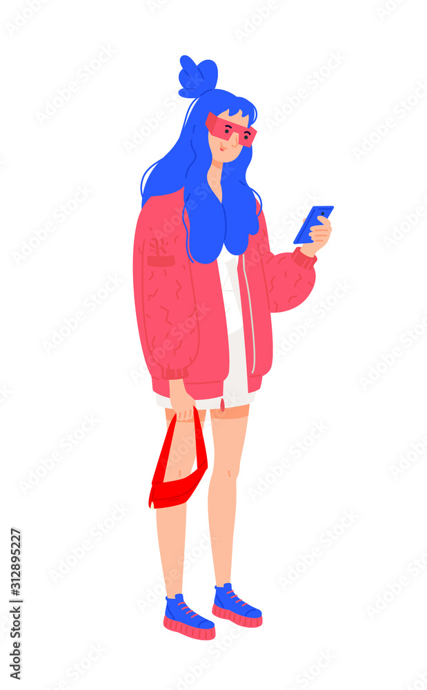 Illustration of a young girl in a red jacket. Stylish hipster girl with blue hair. Girl in red glasses with a phone. Generation Z, Mellineal. Flat style. Illustration of a young girl in a red jacket. Stylish hipster girl with blue hair. Girl in red glasses with a phone. Generation Z, Mellineal. Flat style.