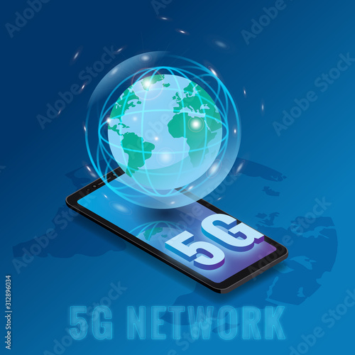 Isometric 5G network wireless technology template. Letters 5G smartphone with Earth planet