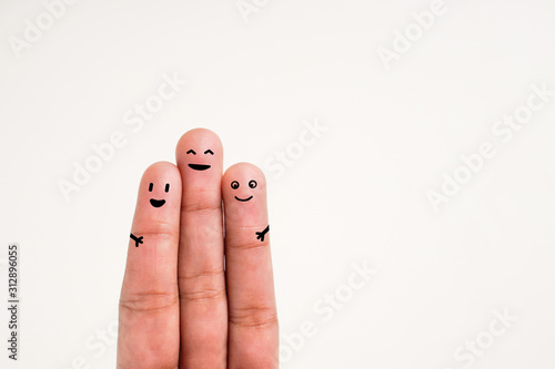A happy couple love painted on finger.Valentine day concept 