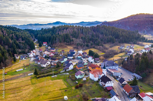 Beautiful town of Tršće in Gorski kotar, Croatia, in winter, panoramic view