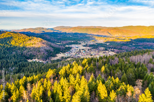 Beautiful countryside landscape in Gorski kotar, Croatia, from drone, mountains in background © Mislav