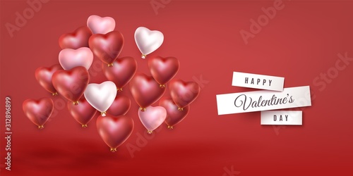 Group of soaring red white pink helium balloons on a red background. Valentines Day, Christmas, Birthday, anniversary, celebration vector decoration, holiday banner