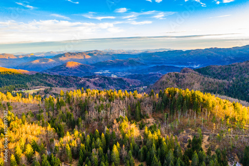 Beautiful countryside landscape in Gorski kotar  Croatia  from drone  mountains in background