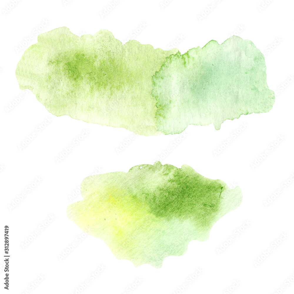 Watercolor handpainted splash isolated on white background, green, yellow