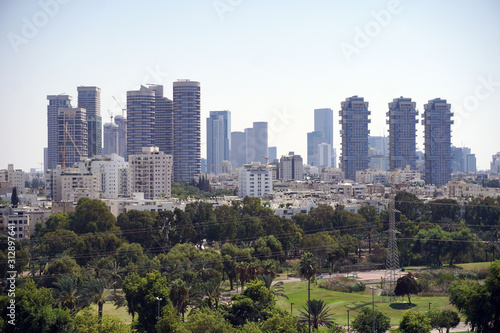 January 11,2020 Cityscape and skyline of Tel Aviv viewed - TLV air Balloon flying over Hayarkon park and train station- Israel