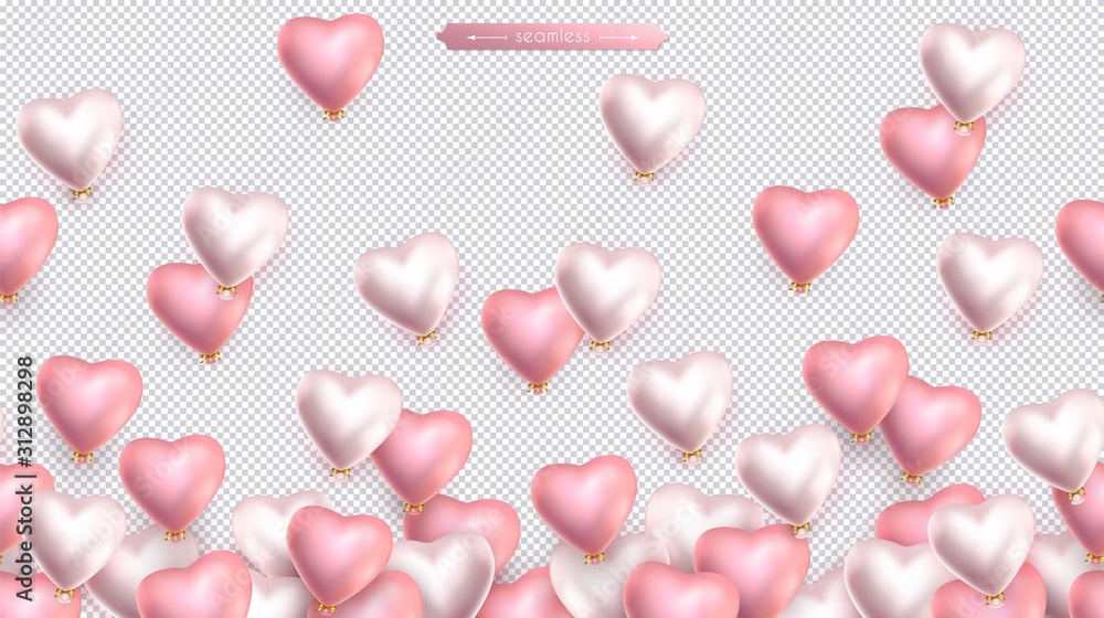 Valentines day, birthday, anniversary seamless border, flying helium pink and pearly balloons in the shape of heart. Horizontal seamless isolated vector pattern, transparent background Valentines day, birthday, anniversary seamless border, flying helium pink and pearly balloons in the shape of heart. Horizontal seamless isolated vector pattern, transparent background