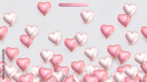Valentines day, birthday, anniversary seamless border, flying helium pink and pearly balloons in the shape of heart. Horizontal seamless isolated vector pattern, transparent background