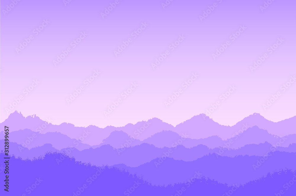 Violet mountain landscape with fog and forest - vector illustration Violet mountain landscape with fog and forest - vector illustration